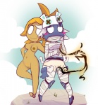 bandage bandaged_body blush bodily_fluids breasts clothed clothing duo female female/female genital_fluids genitals hair looking_at_viewer nipples no_pupils not_furry nude pubes pussy thegalen ankama wakfu humanoid mammal sacrier xelor digital_media_(artwork)