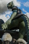 3d_(artwork) absurd_res anthro anus argonian armor bethesda_softworks blade blender_(software) blender_cycles bodily_fluids butt claws clothed clothing deeja digital_media_(artwork) feet female genital_fluids genitals green_body green_scales hand_on_foot hi_res horn kvaseus legwear lizard looking_at_viewer low-angle_view microsoft open_mouth orange_eyes outside partially_clothed pussy raised_leg reptile scales scalie scar skyrim solo spikes standing sweat tail talking_to_viewer teeth text the_elder_scrolls vaginal_fluids