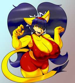 accessory anthro areola areola_slip big_breasts big_hair black_nose blue_background blue_hair bottomwear breasts brown_areola cleavage clothed clothing colored_nails dipstick_tail eyelashes female front_view fur gradient_background grey_background hair hair_accessory hairband huge_breasts long_nails looking_at_viewer markings nails nipple_outline open_mouth open_smile orange_eyes pigtails red_bottomwear red_clothing red_nails red_shorts red_topwear shorts simple_background smile solo tail tail_markings tan_body tan_fur thick_thighs topwear white_clothing wide_hips yellow_body yellow_fur randomgloves sega sonic_the_fighters sonic_the_hedgehog_(series) honey_the_cat domestic_cat felid feline felis mammal hi_res