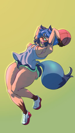 anthro areola ball barely_visible_genitalia barely_visible_vulva basketball_(ball) blue_hair breasts clothing exposed_breasts female footwear genitals gloves_(marking) green_eyes hair markings nipple_slip nipples shoes solo throwing_object vulva wardrobe_malfunction canbem brand_new_animal studio_trigger michiru_kagemori canid canine mammal raccoon_dog 9:16 absurd_res hi_res