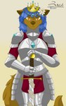 anthro armor armor_plates armored_gloves blue_hair brown_body brown_fur crown female flower full_armor fur gem gradient_background hair head_necklace headgear holding_melee_weapon holding_object holding_sword holding_weapon knight knight_armor medieval_armor melee_weapon neutral_expression orange_eyes plant plate_armor queen royalty simple_background solo sword warrior weapon zer0rebel4 discord_(app) telegram alien aviarian_wolf canid canine mammal marsupial 2025 absurd_res hi_res portrait herm_(lore)