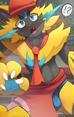accessory anthro anthro_pov apron big_bulge black_body black_fur blue_body blue_eyes blue_fur blue_pawpads blush bodily_fluids bulge claws clothing fangs finger_claws first_person_view fur hat headgear headwear implied_transformation interrobang kerchief looking_at_self male mirror neckerchief neckwear open_mouth pawpads pokeball pokeball_apron pokeball_clothing pokeball_symbol red_apron red_clothing red_hat red_headwear red_kerchief red_neckerchief solo speech_bubble surprised sweat teeth tongue yellow_body yellow_fur toshabi nintendo pokemon pokemon_cafe_remix felid feline generation_7_pokemon legendary_pokemon mammal pokemon_(species) zeraora shaded