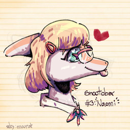 anthro biped blep blonde_hair bone_frill bow_tie eyewear female frill_(anatomy) glasses green_eyes hair heart_symbol looking_at_viewer medium_hair orange_body pattern_background side_view simple_background solo striped_background text tongue tongue_out white_body by:_muun goodbye_volcano_high ko_op_(game_developer) naomi_(gvh) dinosaur hadrosaurid ornithischian ornithopod parasaurolophus prehistoric_species reptile scalie 1:1 2025 absurd_res artist_name character_name colored english_text guide_lines headshot_portrait hi_res portrait shaded
