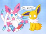 4:3 ambiguous_gender anonymous_artist balls bodily_fluids duo eeveelution eeveelution_squad feral fur generation_1_pokemon generation_6_pokemon genitals hi_res jolteon male nintendo penis pink_body pink_fur pokemon pokemon_(species) silvia_(eeveelution_squad) speed_(eeveelution_squad) sweat sweatdrop sylveon white_body white_fur yellow_body yellow_fur