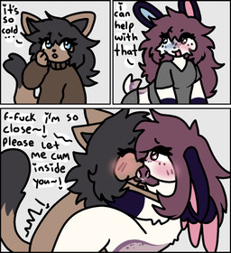 ambiguous_gender anthro arm_grab ass_up black_body black_fur black_hair black_inner_ear blue_eyes blush blush_lines bodily_fluids bottomwear brown_body brown_clothing brown_ears brown_freckles brown_fur brown_hair brown_markings brown_sweater brown_topwear clothed clothing comic_panel dialogue drooling duo ears_up eyebrows eyelashes female freckles fur grey_background grey_clothing hair half-closed_eyes hand_on_face heterochromatic_blush heterochromatic_ears heterochromia holding_onto_partner long_hair looking_pleasured markings narrowed_eyes no_underwear on_top on_top_of_another open_mouth pink_inner_ear pink_wings profanity purple_ears purple_markings purple_wings raised_tail saliva saliva_string seductive sex shirt shorts simple_background smile sweater t-shirt tail text topwear wings bratcafe melody_(bratcafe) felid feline lagomorph mammal comic english_text hi_res