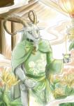 anthro bottomless bovid_horn caprine_horn clothed clothing container cup facial_hair flower goatee green_eyes holding_container holding_cup holding_object horizontal_pupils horn kemono male plant pupils ram_horn smile solo baroque_(artist) bovid caprine goat mammal digital_media_(artwork) hi_res