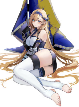 blonde_hair blue_eyes bottomwear breasts butt clothing feet female flag flag_(object) gloves hair handwear horn humanoid_pointy_ears legwear long_hair not_furry pointy_ears skirt solo stockings oomomokanoo arknights hypergryph studio_montagne saileach_(arknights) humanoid 2022 digital_media_(artwork) hi_res