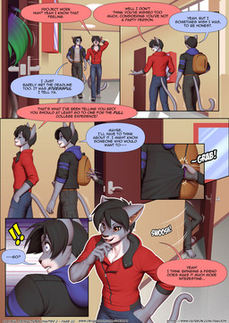 anthro backpack baseboard black_hair black_nose blue_eyes brown_eyes clothed clothed_anthro clothed_male clothing dialogue door door_handle duo fully_clothed fully_clothed_anthro fully_clothed_male fur grabbing_from_behind grey_body grey_fur hair inside jacket male open_door outline red_clothing red_jacket red_topwear school school_hallway tail text topwear white_outline pak009 playful_distractions gojiro_(pak009) kenjiro_(pakwan008) domestic_cat felid feline felis mammal russian_blue 2025 colored comic english_text hi_res
