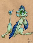 4_ears anonymous_artist anthro avali blue_body blue_feathers countershading dewclaw digitigrade feathered_crest feathered_wings feathers female green_body green_eyes gyrotech head_crest hi_res luvashi multi_ear solo winged_arms wings