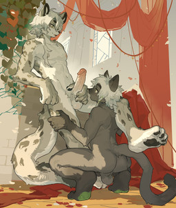 anthro backsack balls black_body black_fur black_nose bodily_fluids braided_hair butt crouching duo erection feet fur genital_fluids genitals glans grey_body grey_fur hair humanoid_genitalia humanoid_penis kemono long_hair male male/male markings nipples nude nude_anthro nude_male pawpads paws penis pointy_ears pubes spots spotted_body spotted_fur tail white_body white_fur milkybot domestic_cat felid feline felis mammal pantherine snow_leopard hi_res