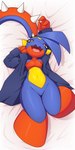 anthro bed blue_body blue_clothing blue_hair blue_jacket blue_scales blue_topwear bottomless breasts clothed clothing eyelashes featureless_breasts featureless_crotch female furniture fusion hair half-closed_eyes jacket lying narrowed_eyes null on_back on_bed open_mouth pokemon_fusion ponytail red_body red_eyes red_scales scales sharp_teeth solo spiked_hairband spikes spikes_(anatomy) tail teeth tongue topwear yellow_body yellow_scales mawaifu mythology nintendo pokemon pokemon_infinite_fusion dragon garchomp generation_3_pokemon generation_4_pokemon hybrid hybrid_pokemon mawile mythological_creature mythological_scalie pokemon_(species) scalie 2023 absurd_res hi_res