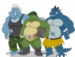 anthro belly belt clothing fangs group hat headgear headwear male muscular overweight red_sclera scar simple_background teeth white_background canson donkey_kong_(series) nintendo kludge klump krusha crocodilian kremling reptile scalie