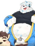 anthro balls belly big_belly black_nose blush chastity_cage chastity_device clothing duo genitals kemono male male/male navel overweight simple_background undressing white_background white_body 96panda lifewonders live_a_hero snoot_challenge dog_operator protagonist_(live_a_hero) yohack canid canine canis domestic_dog mammal 2023 absurd_res hi_res meme