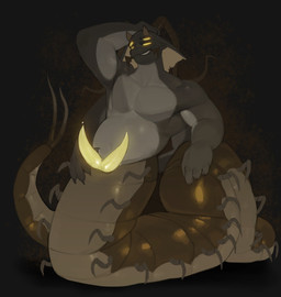 2_horns 2_penises 4_arms 4_eyes 4_fingers belly biceps black_background black_body black_claws black_scales bodily_fluids brown_body brown_exoskeleton claws countershading diphallism exoskeleton featureless_chest finger_claws fingers genital_fluids genitals glowing glowing_eyes glowing_genitalia glowing_penis grey_body grey_horn grey_scales hand_behind_head horizontal_diphallism horn looking_at_viewer male multi_arm multi_eye multi_genitalia multi_limb multi_penis multicolored_body navel nude nude_male nude_taur pecs penis precum scales sharp_teeth short_horn simple_background small_horn smile smirk snake_hood snout solo split_form tapering_penis teeth yellow_eyes yellow_penis yellow_sclera kogito mythology saber_(ghastly) arthropod arthropod_taur centipede centipede_taur dragon myriapod myriapod_taur mythological_creature mythological_scalie scalie taur 2025 hi_res shaded
