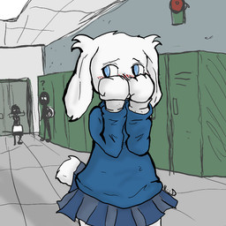 ambiguous_gender blue_clothing blue_eyes blue_sweater blue_topwear blush bottomwear clothed clothing embarrassed female fully_clothed fur group long_ears question_mark school skirt solo_focus sweater topwear white_body white_fur vinnied cave_story sue_sakamoto humanoid lagomorph mammal mimiga 1:1
