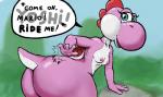 breasts butt dialogue female nipples non-mammal_breasts pink_body pink_skin pokemon_speak presenting presenting_hindquarters smooth_skin solo text nsfy_(artist) mario_bros nintendo pink_yoshi reptile scalie yoshi english_text