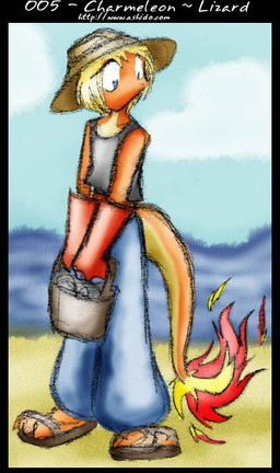 anthro beach blonde_hair blue_eyes bucket clothed clothing container fire flaming_tail footwear gloves hair handwear hat headgear headwear male midriff orange_body orange_scales pokemorph rock sandals scales shirt shoes sitting solo tail tan_body tan_scales tank_top topwear water zarla nintendo pokemon aquatic bivalve charmeleon clam generation_1_pokemon mollusk pokemon_(species)