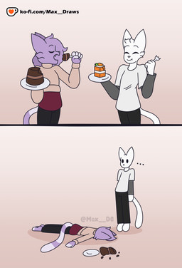 anthro birthday cake candy carrot_cake chocolate chocolate_cake clothed clothing death dessert duo eating food male male_death on_ground reality_ensues silly simple_background max_draws ko-fi dane_(max_draws) domestic_cat felid feline felis mammal absurd_res comic hi_res