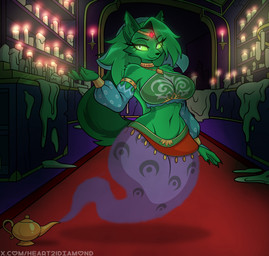 anthro blue_clothing bra candle circlet clothing collar crotch_lines cuff_(restraint) eyelashes female floating glowing glowing_eyes gold_(metal) gold_jewelry green_body inside jewelry long_eyelashes looking_at_viewer magic_lamp midriff restraints smile smiling_at_viewer solo tuft underwear ventral_groove waistband wrist_cuffs diamondheart21 hellaverse helluva_boss mythology loona_(helluva_boss) canid canid_demon canine demon genie goo_creature hellhound mammal mythological_canine mythological_creature 2025 hi_res story story_in_description