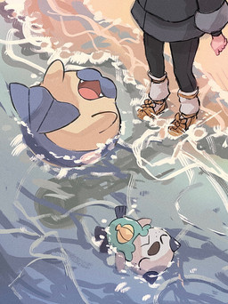 ambiguous_gender beach clothing eyes_closed fangs feral footwear group lying multicolored_body on_back open_mouth partially_submerged shoes tail teeth tongue trio two_tone_body water 1south3927 nintendo pokemon akari_(pokemon) generation_3_pokemon generation_5_pokemon human mammal oshawott pokemon_(species) spheal 2022 hi_res female_(lore)