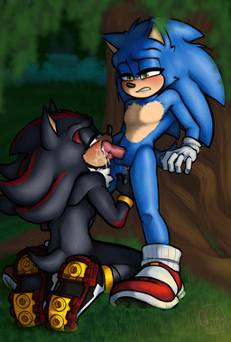 anal anal_fingering anal_penetration anthro balls black_body black_fur blue_body blue_fur blush bodily_fluids clenched_teeth clothing cum duo ejaculation erection fingering fingering_partner footwear fur genital_fluids genitals gloves grass green_eyes hair half-closed_eyes handwear licking male male/male narrowed_eyes open_mouth oral outside outside_sex penetration penile penis penis_lick plant saliva sex shoes sitting standing standing_sex tail teeth tongue tongue_out tree ggs_busyrn sega sonic_the_hedgehog_(film) sonic_the_hedgehog_(series) shadow_the_hedgehog sonic_the_hedgehog eulipotyphlan hedgehog mammal absurd_res digital_media_(artwork) hi_res