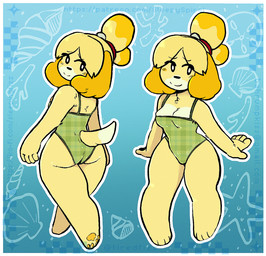 anthro blue_eyes blush breasts cleavage clothed clothing countershading female fur furgonomics hair_up pawpads seashell shell smile solo swimwear tail yellow_body yellow_fur tiredfizz animal_crossing nintendo isabelle_(animal_crossing) canid canine canis domestic_dog mammal shih_tzu toy_dog 2025