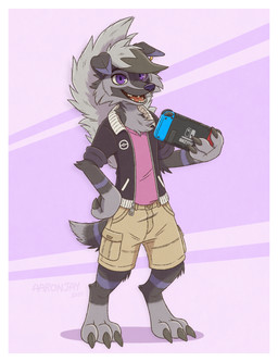 abstract_background anthro black_clothing black_jacket black_topwear bomber_jacket border cheek_tuft chest_fur chest_tuft claws clothing digitigrade ear_piercing ear_ring facial_tuft finger_claws floppy_ears fur grey_body grey_fur hand_on_hip head_tuft jacket khaki_shorts looking_at_viewer male multicolored_body multicolored_fur open_mouth paws piercing pink_clothing pink_shirt pink_topwear purple_body purple_eyes purple_fur purple_nose ring_piercing shirt solo standing toe_claws topwear tuft white_border aar0njay nintendo nintendo_switch pokemon dl_wolf_(dl2288) fan_character generation_7_pokemon lycanroc midnight_lycanroc pokemon_(species) hi_res