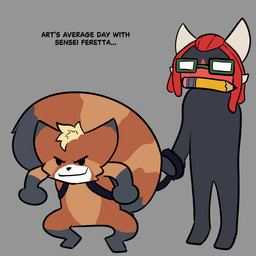 anthro black_body blonde_hair dreadlocks hair horn orange_body red_hair short_hair bear213 feretta nintendo person_on_leash_(meme) pokemon feretta_(character) kuma_grizzly ailurid bewear generation_7_pokemon mammal pokemon_(species) red_panda 1:1 meme