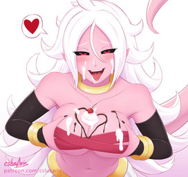 ahegao armwear big_breasts black_sclera breasts candy cherry chocolate clothing dairy_products dessert female food fruit hair heart_symbol holidays jewelry looking_at_viewer looking_pleasured messy navel not_furry pink_body pink_skin plant purple_hair red_eyes simple_background solo suggestive under_boob whipped_cream white_hair cslucaris dragon_ball dragon_ball_fighterz valentine's_day android_21 majin_android_21 alien alien_humanoid humanoid majin