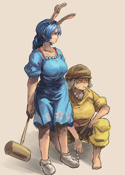 barefoot blonde_hair blue_clothing blue_dress blue_hair bottomwear breasts clothed clothed_female clothed_humanoid clothing crouching dress duo ear_clip feet female flat_cap floppy_ears hair hammer hat headgear headwear holding_hammer holding_object holding_tool red_eyes shirt shorts simple_background standing tools topwear yellow_bottomwear yellow_clothing yellow_shirt yellow_shorts yellow_topwear chanta touhou ringo_(touhou) seiran animal_humanoid humanoid lagomorph lagomorph_humanoid leporid_humanoid mammal mammal_humanoid rabbit_humanoid 2016 full-length_portrait hi_res portrait