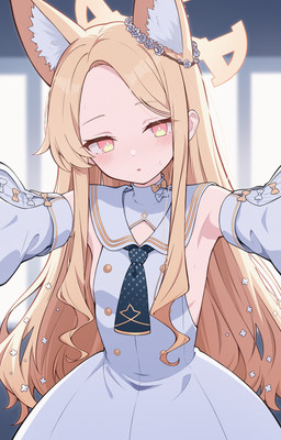 accessory animal_ears blonde_hair blush bodily_fluids bow_(feature) clothing dress female flat_chested fluffy_ears hair hair_accessory halo long_hair looking_at_viewer multi_ear narrowed_eyes necktie open_mouth outstretched_arms pink_eyes sleeveless_dress sweat white_clothing white_dress young young_female young_humanoid setsunaaaa blue_archive nexon seia_(blue_archive) animal_humanoid canid canid_humanoid canine canine_humanoid fox_humanoid humanoid mammal mammal_humanoid absurd_res hi_res