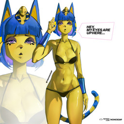 anthro bangs blue_hair blunt_bangs bob_cut bored eyeliner female female_anthro hair half-closed_eyes looking_at_viewer makeup narrowed_eyes navel pose purple_eyes smug solo yellow_body yellow_skin momosoap animal_crossing nintendo ankha_(animal_crossing) domestic_cat felid feline felis mammal 1:1 absurd_res colored detailed digital_drawing_(artwork) digital_media_(artwork) hi_res shaded