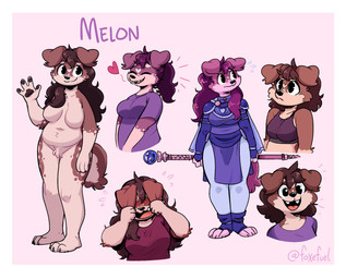 anthro belly_tuft big_breasts biped black_nose blush blush_lines bodily_fluids border bra breasts brown_body brown_fur cape claws clothed clothing covering covering_face crotch_tuft cute_fangs eyes_closed facial_markings fangs female floppy_ears flying_sweatdrops fur gloves_(marking) head_markings heart_(marking) holding_object magic_staff markings muzzle_(marking) navel nude open_mouth open_smile pawpads pink_background shirt simple_background slightly_chubby slightly_chubby_anthro slightly_chubby_female smile solo sports_bra sweat sweatdrop t-shirt teeth text toe_claws topwear tuft underwear white_body white_border white_fur fuel_(artist) melon_(fuel) canid canine canis domestic_dog mammal 2025 english_text hi_res model_sheet signature