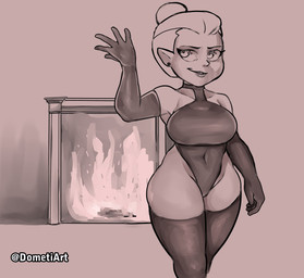 5_fingers anthro armwear bare_shoulders bent_arm big_breasts big_eyes big_iris biped breasts clothed clothed_anthro clothed_female clothing collarbone ear_piercing ear_ring elbow_gloves eyebrows eyelashes female fingers fire fireplace glistening glistening_eyes glistening_lips gloves hair hair_bun handwear humanoid_pointy_ears inside iris legs_together legwear leotard lips long_eyelashes looking_aside mature_female mature_humanoid navel_outline not_furry piercing pointy_ears pose pupils ring_piercing short_hair smile solo standing text thick_eyelashes thick_thighs thigh_highs three-quarter_view tight_clothing tight_leotard dometi_art disney the_owl_house odalia_blight humanoid witch_(the_owl_house) 2025 absurd_res artist_name digital_drawing_(artwork) digital_media_(artwork) hi_res monochrome sepia