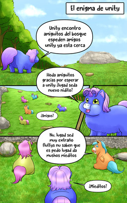 1_horn ambiguous_feral ambiguous_gender blonde_hair blue_body blue_fur blue_hair blue_tail day dialogue female female_feral feral fur genitals grass green_body green_fur group hair hooves horn orange_body orange_fur pink_body pink_fur pink_hair pink_tail plant purple_body purple_fur purple_horn red_hair red_tail rock sky speech_bubble spiral_horn standing tail text tree vulva wings yellow_tail young young_ambiguous young_female young_feral inshi_(artist) fluffy_pony junji_ito_(copyright) mythology the_enigma_of_amigara_fault equid equine fluffy_pony_(species) mammal mythological_creature mythological_equine pegasus unicorn 2023 absurd_res comic hi_res spanish_text