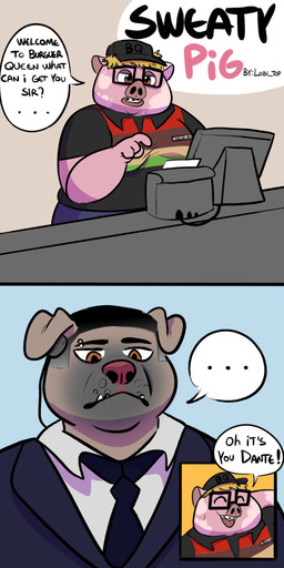 anthro bodily_fluids comic_panel dialogue duo male male/male mall nerd obese obese_anthro obese_male overweight overweight_anthro overweight_male security security_guard smile speech_bubble sweat sweatdrop sweaty_pig_comic text lobi_top canid canine canis domestic_dog domestic_pig mammal pit_bull suid suine sus_(pig) 1:2 absurd_res comic cover cover_art cover_page english_text hi_res