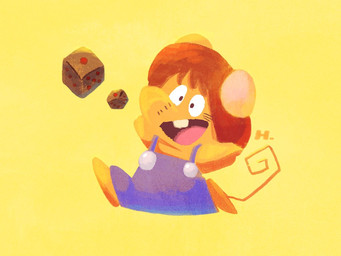 anthro biped brown_body brown_hair chibi clothed clothing d6 dice hair open_mouth simple_background smile solo hikari_gamba gamba_no_bouken gamba_no_bouken_(series) ikasama mammal mouse murid murine rodent 2024 4:3