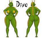 areola breasts butt female genitals green_body lips navel nipples nude pussy solo yellow_areola yellow_body yellow_lips yellow_nipples kostos_art diva_(kostos_art) alien 2017 full-length_portrait portrait