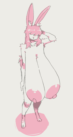 anthro areola bangs big_breasts black_and_pink breasts female hair hair_over_eyes hand_behind_head huge_breasts hyper hyper_breasts inner_ear_fluff long_ears long_hair nipples nude sagging_breasts simple_background solo standing tuft submarinechamomile raspberry_(nsfwoaf) lagomorph leporid mammal rabbit english_description full-length_portrait portrait shaded
