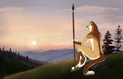 anthro brown_body brown_fur butt forest forest_background fur male melee_weapon mountain mountain_range nature nature_background plant polearm rear_view rock solo spear stone_floor tail tree weapon white_body white_fur skullsbesan rikki_(purrma) cougar felid feline mammal 2026 absurd_res hi_res
