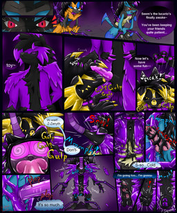anal anal_penetration anthro captured chastity_bulge chastity_device cock_gag drone edging fellatio gag goo_transformation hypnosis latex lock_symbol male male_penetrated mind_control null_bulge oral orgasm_denial penetration penile sex sex_toy sex_toy_insertion spiral spiral_eyes swallowing text toy transformation wearing_chastity_device riggedreded nintendo pokemon generation_4_pokemon generation_7_pokemon legendary_pokemon lucario lycanroc pokemon_(species) zeraora 2023 comic english_text hi_res