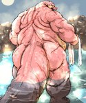 anthro back_rolls bathing belly big_belly detailed_background kemono love_handles male moon musclegut muscular muscular_male night obese obese_anthro obese_male outside overweight overweight_anthro overweight_male pink_body scar solo thick_thighs towel water kotobuki dragon_quest dragon_quest:_the_adventure_of_dai square_enix crocodine crocodile crocodilian reptile scalie 2021