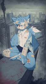 anthro band-aid band-aid_on_face band-aid_on_leg band-aid_on_nipple bandage bandage_on_face bandaged_arm bandaged_leg barefoot big_tail biped black_claws black_nose blood blue_body blue_bottomwear blue_claws blue_clothing blue_fur blue_shorts blush blush_lines blushing_at_viewer bodily_fluids bottomwear city city_background claws clothed clothed_anthro clothed_male clothing cloud countershade_feet countershade_fur countershading crossed_feet detailed_background dipstick_tail feet finger_claws fingers fluffy fluffy_tail front_view fur green_stripes head_tuft hotpants kemono looking_at_viewer male male_anthro markings multicolored_body multicolored_fur off_shoulder one_eye_obstructed open_clothing open_mouth open_shirt open_topwear overcast pasties pattern_clothing pattern_shirt pattern_topwear pawpads paws pink_blush pink_pawpads plantigrade plantigrade_pawpads pupils raining scar shirt shorts sitting sky soles solo striped_clothing striped_shirt striped_topwear stripes tail tail_markings teeth toe_claws toes topwear tuft two_tone_body two_tone_fur upper_teeth upper_teeth_only white_body white_clothing white_countershading white_fur white_inner_ear white_markings white_shirt white_tail_tip white_topwear wounded yellow_eyes sosak0622 taka_1088 canid canine mammal animated digital_media_(artwork) full-length_portrait hi_res live2d_cubism_(artwork) no_sound portrait short_playtime webm