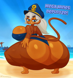 4_fingers anthro big_breasts big_butt blue_clothing breasts brown_body butt butt_grab clothing feet female fingers grey_hair hair hand_on_butt hat headgear headwear huge_butt huge_thighs hyper hyper_butt mine rear_view smile tail text thick_thighs fromariels bloons_tower_defense ninja_kiwi admiral_brickell haplorhine mammal monkey primate english_text hi_res