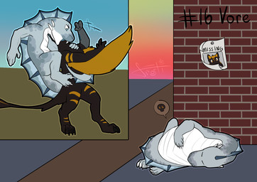black_body black_fur blue_fins death digestion feathers fur grey_body grey_scales missing_poster same_size_vore scales sleeping vore yellow_body yellow_feathers frostidragon hybrid kobold reptile scalie snake teshari hi_res