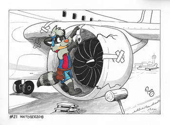 aircraft airplane anthro belt blue_bottomwear blue_clothing blue_shorts blue_topwear bottomwear brown_belt clothed clothing duct_tape eyewear eyewear_on_head fur goggles goggles_on_head grey_body grey_fur hammer logo male markings mouth_closed outside red_nose red_scarf scarf shorts solo standing striped_markings striped_tail stripes tail tail_markings tape tools topwear vehicle young young_anthro young_male pandapaco mammal procyonid raccoon artist_logo signature