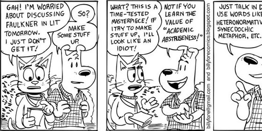 allcaps anthro backpack black_text clothing collared_shirt dialogue duo eyes_closed male open_mouth open_smile school shirt smile speech_bubble student teeth_showing text tongue_showing topwear university william_faulkner billy_fore marco_and_marty marco_marcowitz marty_martin canid canine canis domestic_cat domestic_dog felid feline felis mammal black_and_white comic english_text monochrome url