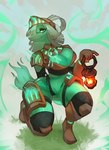 anthro armor big_breasts breasts clothed clothed_female clothing crotch_tuft female female_anthro fur grass green_body green_breasts green_fur green_tail headgear helmet holding_lantern kneeling legwear light looking_at_viewer navel plant skimpy smile solo tail tuft swiwwel canid canine mammal 2025 absurd_res digital_drawing_(artwork) digital_media_(artwork) hi_res