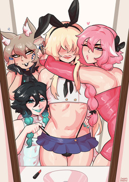 black_hair blush bulge clothed clothing crossdressing femboy group hair light_body light_skin looking_at_viewer male one_eye_closed pink_eyes pink_hair smile loggus_doggus fate_(series) genshin_impact mihoyo re:zero type-moon astolfo_(fate) ferris_argyle venti_(genshin_impact) animal_humanoid cat_humanoid felid felid_humanoid feline feline_humanoid human humanoid mammal mammal_humanoid 2025 absurd_res hi_res