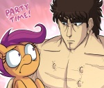 duo eye_contact female feral hair looking_at_another male muscular pecs scared text young young_female young_feral uc77 fist_of_the_north_star friendship_is_magic hasbro my_little_pony kenshiro scootaloo_(mlp) equid equine horse human mammal pony crossover english_text